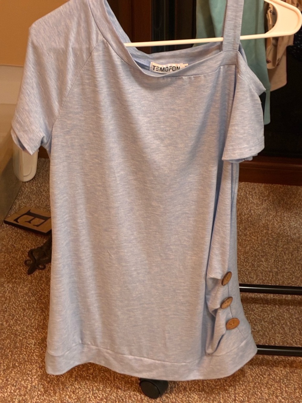 NWT Light Blue Off-Shoulder Tee with Side Button Detail